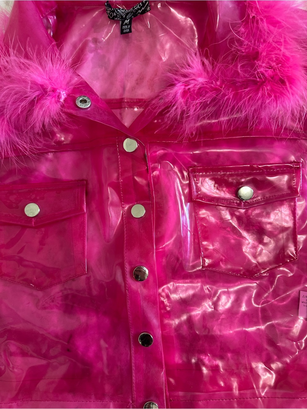 Dolls Kill Hot Pink Faux Fur Trim PVC Crop Jacket - Picture 9 of 9